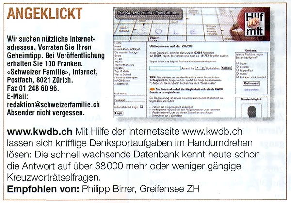 KWDB.ch - kleiner Aritkel in der Schweizer Familie